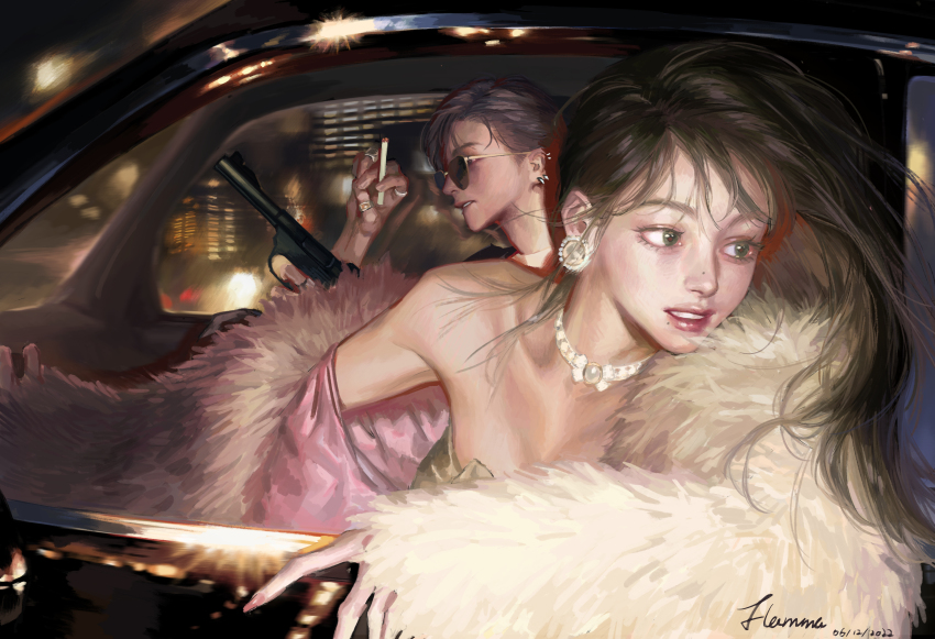 1boy, 1girl, absurdres, artist_name, aviator_sunglasses, brown_eyes, brown_hair, car