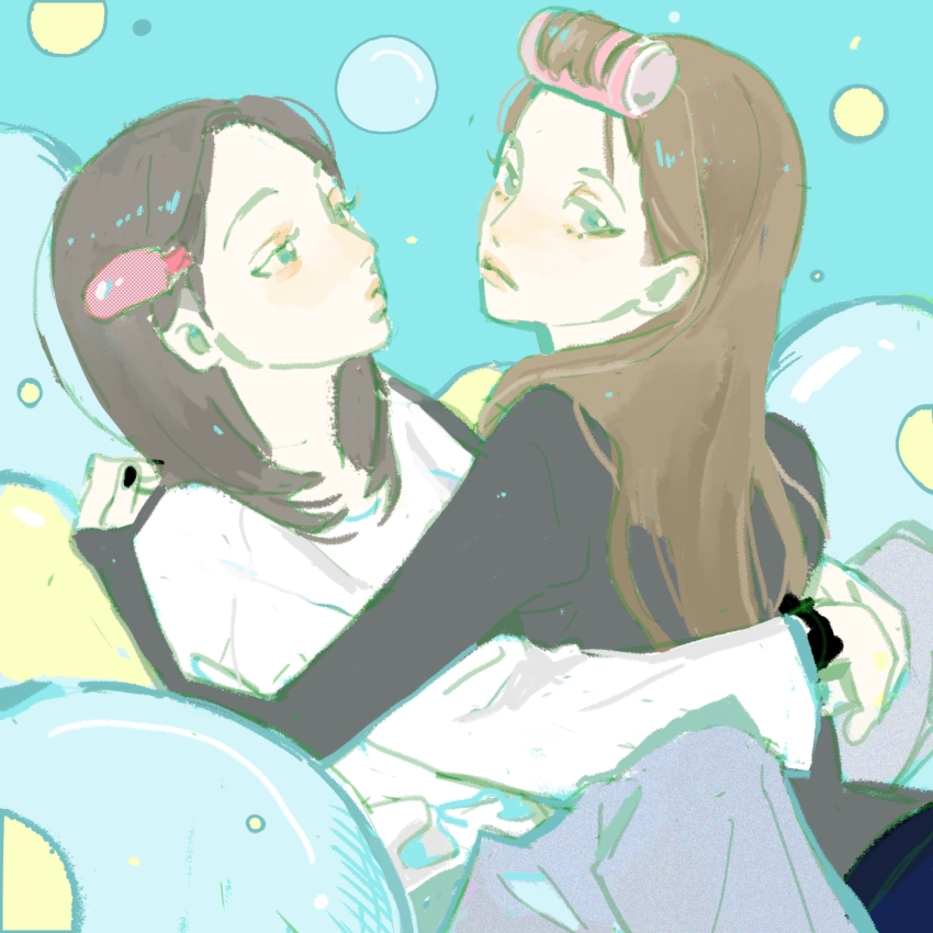 2girls, black_hair, black_shirt, blue_background, blue_eyes, blue_pants, brown_hair, bubble