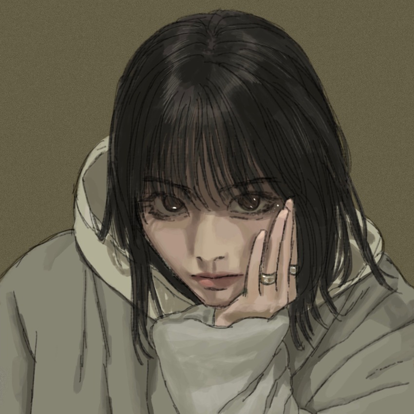 1girl, black_hair, brown_background, brown_eyes, grey_hoodie, hand_on_own_cheek, hand_on_own_face, highres