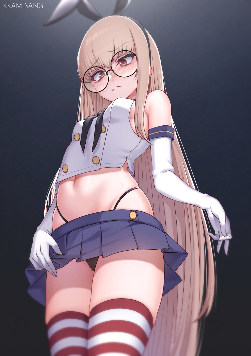 1girl, absurdres, alternate_costume, armpit_crease, blonde_hair, blush, breasts, commission