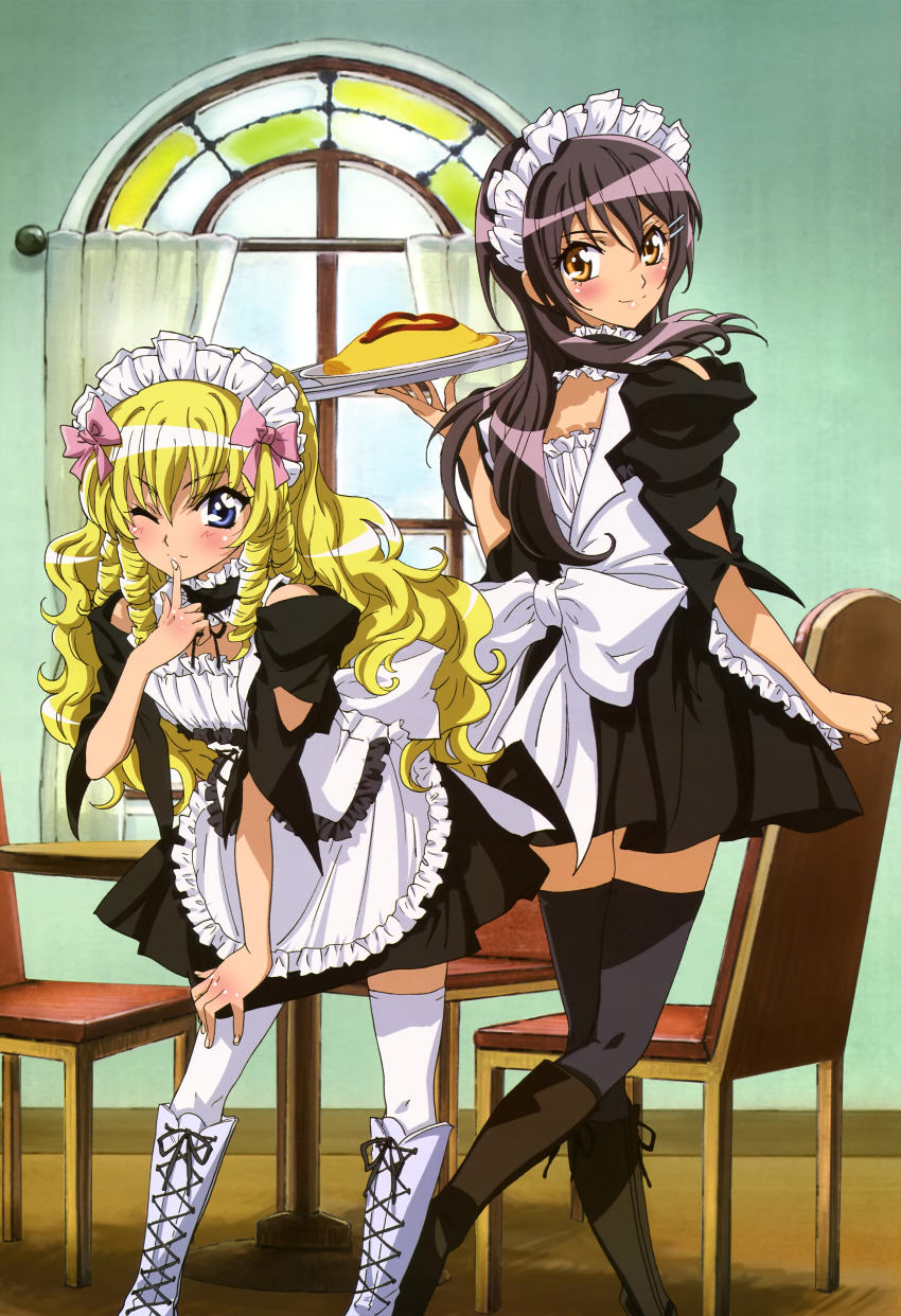 1boy, 1girl, absurdres, ayuzawa_misaki, boots, crossdressing, drill_hair, food, highres, hyoudou_aoi, kaichou_wa_maid-sama!, katou_hiromi, knee_boots, looking_back, maid, maid_headdress, nyantype, omelet, omurice, one_eye_closed, thighhighs, trap, tray, waitress, wink, zettai_ryouiki