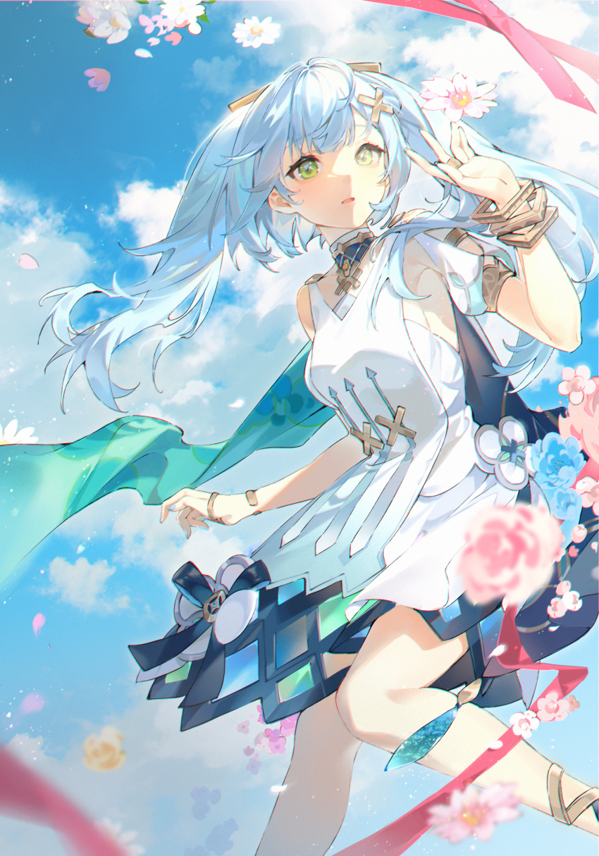 1girl, absurdres, blue_hair, blue_nails, blue_sky, bracelet, cape, cloud, dress, faruzan_(genshin_impact), feet_out_of_frame, flower, genshin_impact, green_cape, green_eyes, hair_ornament, hand_up, highres, jewelry, kaekaeki, light_blue_hair, long_hair, looking_at_viewer, nail_polish, open_mouth, outdoors, pink_flower, red_ribbon, ribbon, ring, short_sleeves, sky, solo, twintails, white_dress, x_hair_ornament, yellow_flower