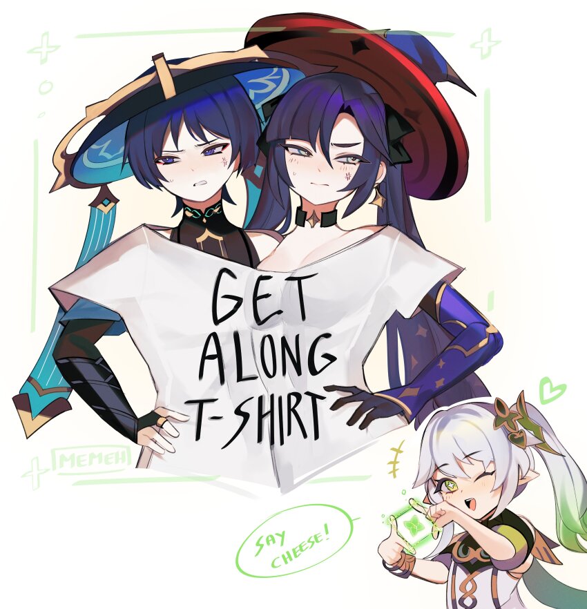 1boy, 2girls, absurdres, anger_vein, arm_armor, arms_up, artist_name, asymmetrical_bangs, bare_shoulders, black_choker, black_gloves, black_headwear, black_shirt, blue_headwear, blunt_ends, blush, bracelet, breasts, cape, choker, closed_mouth, clothes_writing, commentary, cross-shaped_pupils, detached_sleeves, dress, earrings, english_commentary, english_text, flower, genshin_impact, get_along_shirt_(meme), gloves, gold, gradient_hair, green_cape, green_eyes, green_flower, green_hair, grey_dress, grey_hair, hair_between_eyes, hair_ornament, hand_on_own_hip, hands_up, hat, heart, heart_hair_ornament, hetero, highres, jewelry, jingasa, leaf, leaf_hair_ornament, long_hair, long_sleeves, looking_at_another, looking_to_the_side, mandarin_collar, medium_breasts, meme, memeh, mona_(genshin_impact), multicolored_hair, multiple_girls, nahida_(genshin_impact), necklace, one_eye_closed, open_mouth, plus_sign, pointy_ears, ponytail, purple_eyes, purple_hair, red_headwear, ring, scaramouche_(genshin_impact), shared_shirt, shirt, short_hair, short_sleeves, side_ponytail, sidelocks, simple_background, sleeveless, sleeveless_shirt, smile, sparkle, sparkle_print, speech_bubble, standing, star_(symbol), star_earrings, symbol-shaped_pupils, t-shirt, teeth, tongue, twintails, two-tone_headwear, v-shaped_eyebrows, wanderer_(genshin_impact), white_background, white_shirt, witch_hat