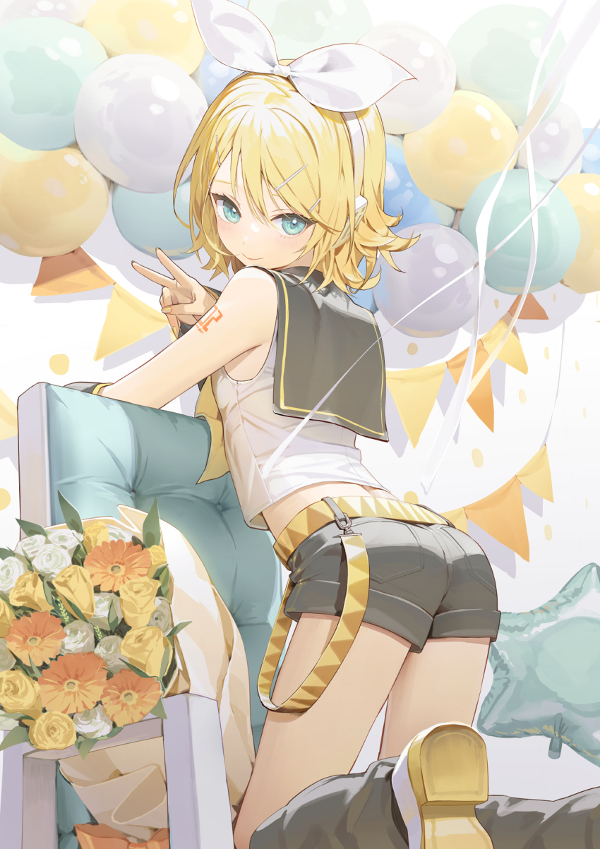 1girl, arms_up, ass, back, balloon, belt, blonde_hair, blue_eyes