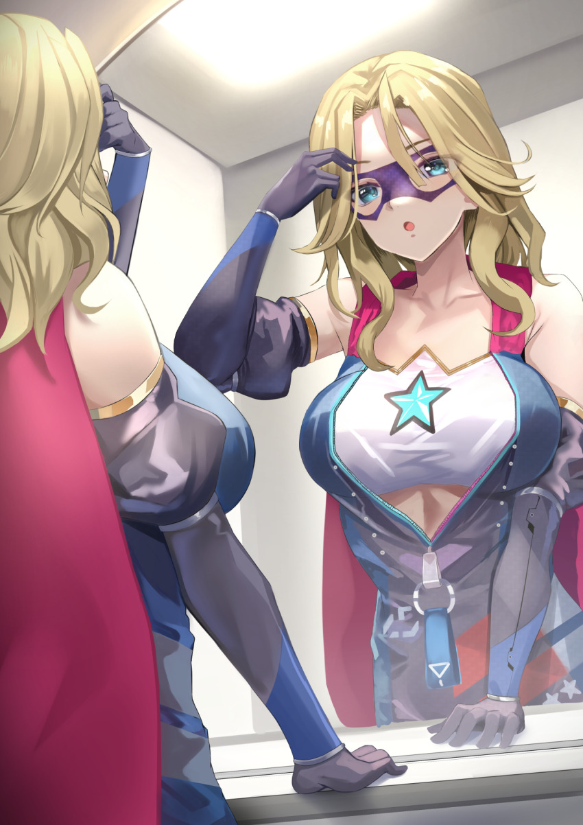1girl, adjusting_hair, blonde_hair, breasts, cape, carole_reaper, crop_top, elbow_gloves, eye_mask, gloves, heaven_burns_red, highres, kesoshirou, mask, medium_breasts, medium_hair, parted_lips, red_cape, reflection, solo, star_(symbol), superhero_costume