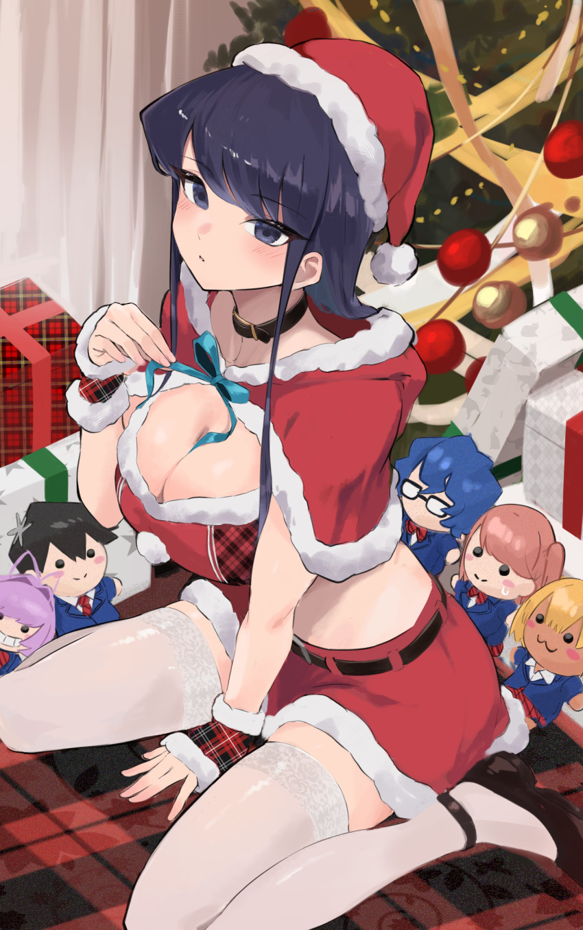 1girl, arm_between_legs, ase_shibuki, ayatak0517, belt, between_breasts, black_belt, black_eyes, black_footwear, black_hair, blanket, blue_ribbon, box, breasts, capelet, character_doll, christmas, christmas_tree, collar, commentary, doll, female_focus, full_body, fur-trimmed_capelet, fur-trimmed_headwear, fur-trimmed_skirt, fur_trim, gift, gift_box, hand_up, hat, highres, indoors, isagi_kiyoko, komi-san_wa_komyushou_desu, komi_shouko, large_breasts, legs, long_hair, looking_at_viewer, manbagi_rumiko, neck_ribbon, osana_najimi_(komi-san_wa_komyushou_desu), plaid_blanket, plaid_box, plaid_clothes, red_capelet, red_hat, red_skirt, ribbon, santa_hat, sitting, skirt, solo, swept_bangs, tadano_hitohito, thighhighs, thighs, wariza