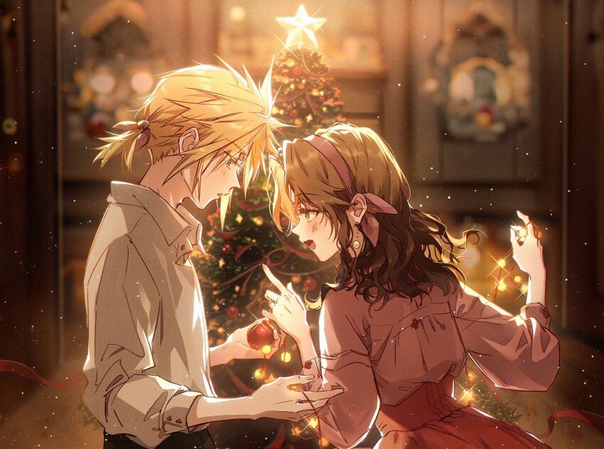1boy, 1girl, aerith_gainsborough, alternate_costume, alternate_hairstyle, black_pants, blue_eyes, blurry, blurry_background, blush, christmas, christmas_tree, cloud_strife, collared_shirt, earrings, final_fantasy, final_fantasy_vii, final_fantasy_vii_remake, green_eyes, hair_between_eyes, hair_ribbon, hairband, holding_ornament, jewelry, kieta, long_sleeves, looking_at_another, low_ponytail, medium_hair, open_mouth, pants, parted_bangs, pink_hairband, pink_shirt, ponytail, puffy_long_sleeves, puffy_sleeves, red_skirt, ribbon, shirt, sidelocks, skirt, sleeves_rolled_up, smile, spiked_hair, square_enix, upper_body, w_arms, wavy_hair, white_shirt