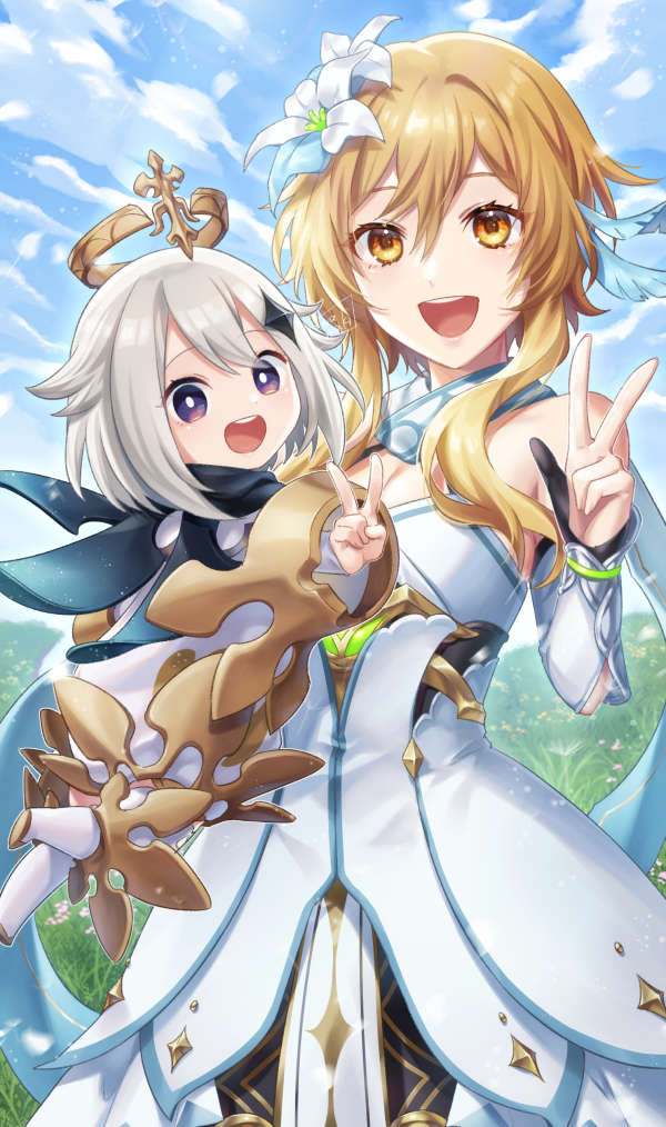 2girls, bare_shoulders, blonde_hair, blue_eyes, breasts, cleavage, cloud, cloudy_sky