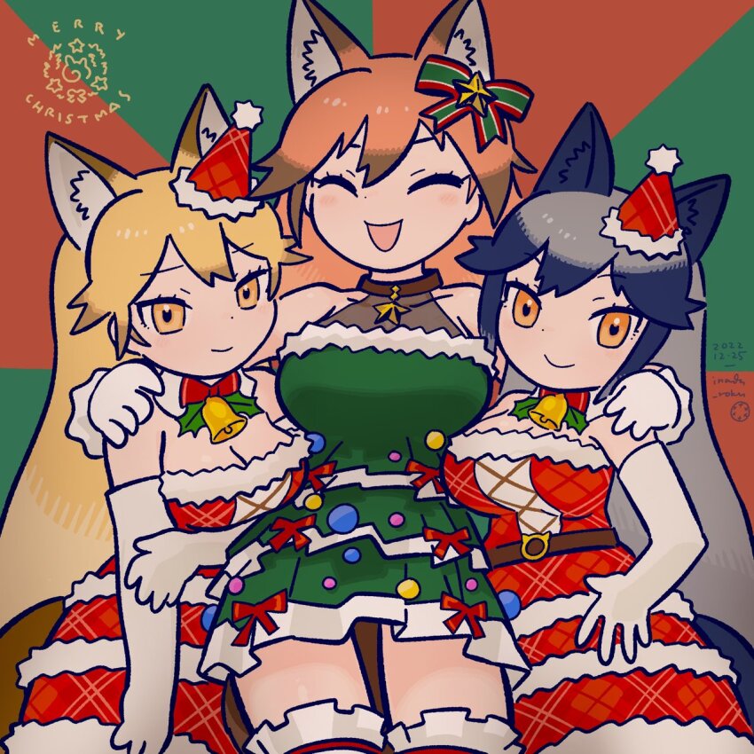 3girls, animal_ears, bare_shoulders, bell, bow, bowtie, brown_hair, christmas