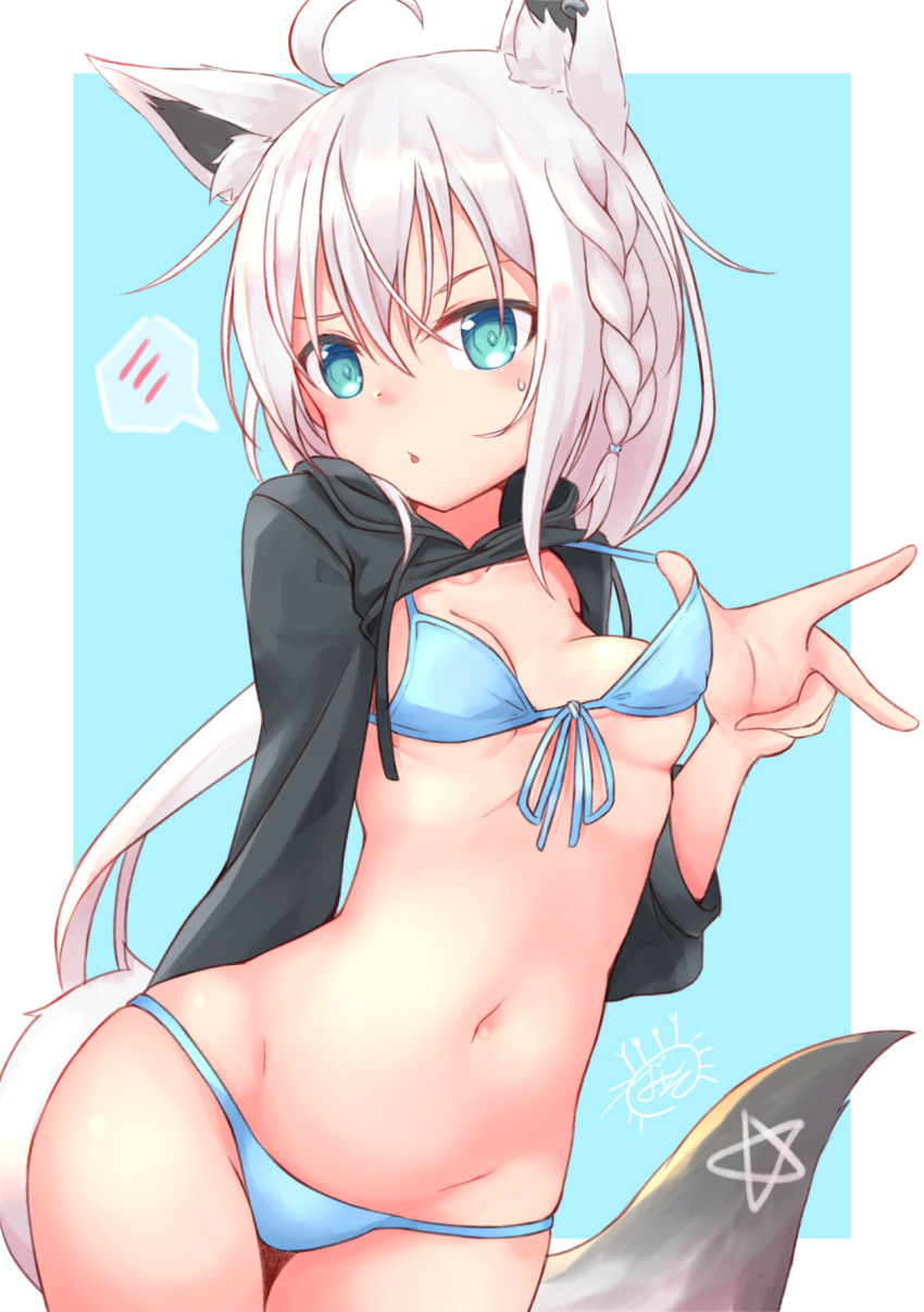 1girl, animal_ears, bikini, bikini_under_clothes, blue_bikini, blue_eyes, breasts, clothes_pull