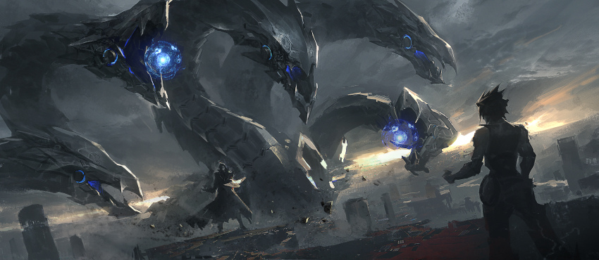 2boys, absurdres, black_coat, black_hair, black_tank_top, chimeratech_overdragon, cloud, cloudy_sky, coat, dragon, duel_disk, duel_monster, highres, leo-dont-want-to-be-a-painter, marufuji_ryo, multiple_boys, outdoors, pants, sky, spiked_hair, standing, tank_top, yu-gi-oh!, yu-gi-oh!_gx