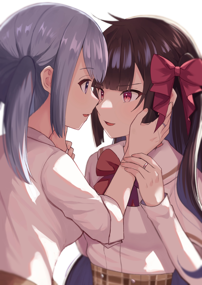 2girls, :d, ahoge, blue_hair, bow, bowtie, brown_hair, brown_skirt, buttons, chizu_ranka, colored_inner_hair, hair_bow, hand_on_another's_arm, hand_on_another's_face, highres, janomiya_school_uniform, jewelry, kasane_ao, layered_sleeves, long_hair, long_sleeves, looking_at_another, magia_record:_mahou_shoujo_madoka_magica_gaiden, mahou_shoujo_madoka_magica, medium_hair, multicolored_hair, multiple_girls, noses_touching, one_side_up, open_mouth, parted_lips, plaid_clothes, plaid_skirt, purple_eyes, red_bow, red_bowtie, red_eyes, ring, sakae_general_school_uniform, school_uniform, shirt, short_over_long_sleeves, short_sleeves, sidelocks, skirt, three-quarter_sleeves, sleeves_rolled_up, smile, suzugahama, swept_bangs, twintails, upper_body, very_long_hair, white_background, white_shirt, wing_collar, yuri