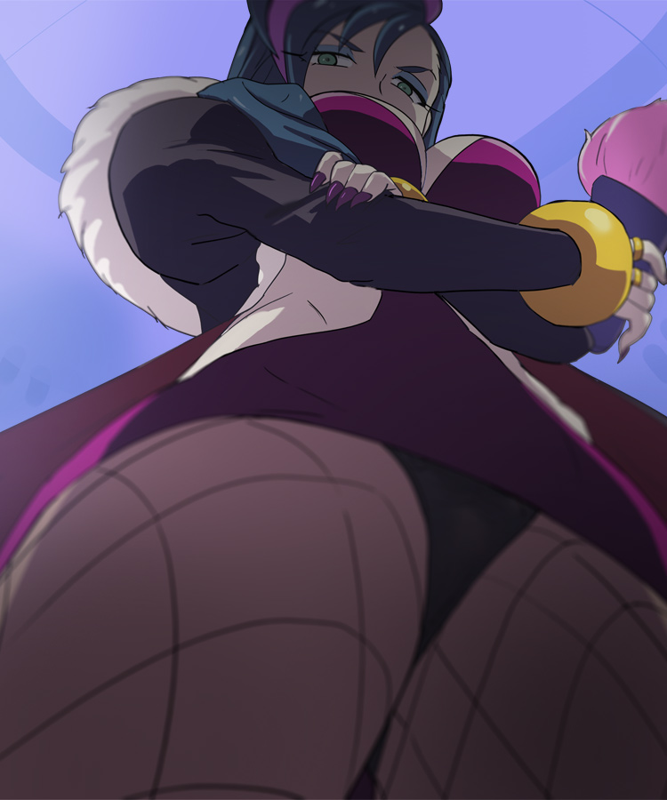 1girl, black_hair, blue_hair, bracelet, breasts, cleavage, crossed_arms, eyeshadow