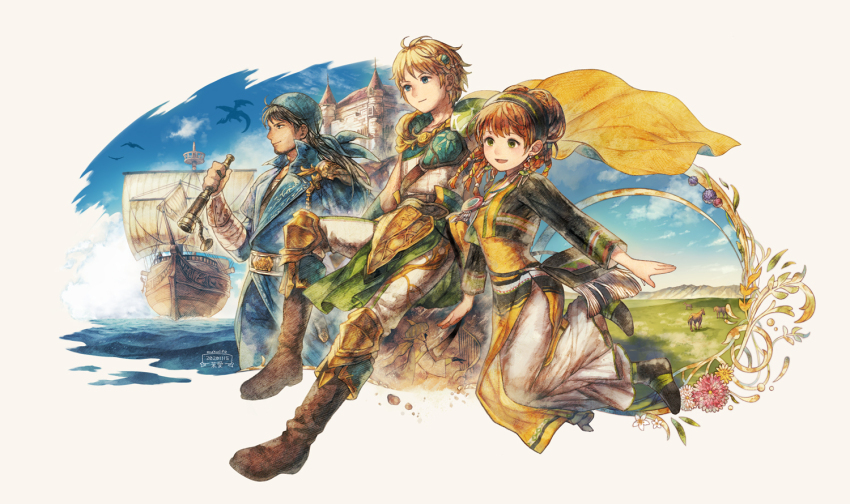 1girl, 2boys, aisha_(saga), blonde_hair, boat, cape, character_request, closed_mouth