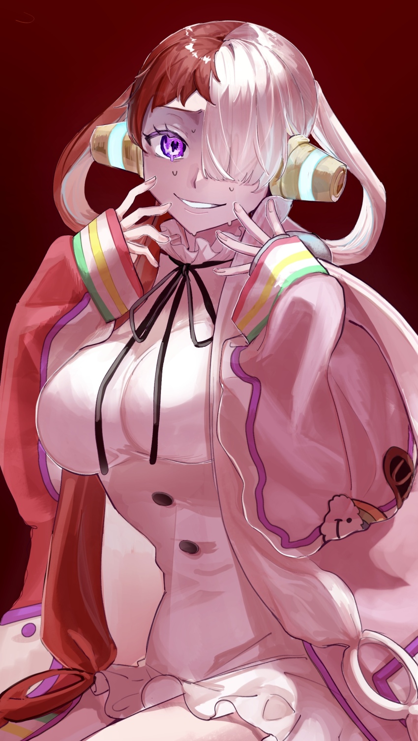 1girl, absurdres, breasts, buttons, cowboy_shot, flaming_eye, hair_down, hair_over_one_eye