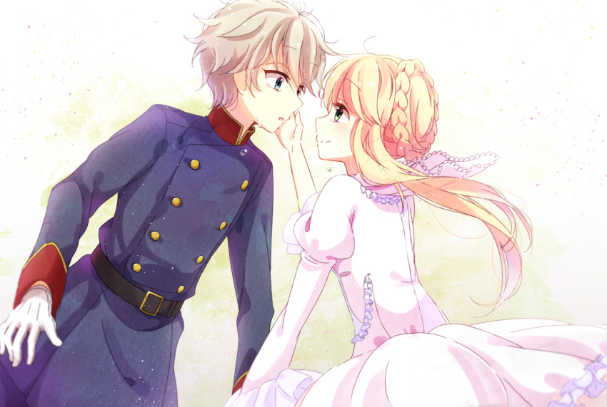 1boy, 1girl, aldnoah.zero, aqua_eyes, asseylum_vers_allusia, belt, black_belt, blonde_hair