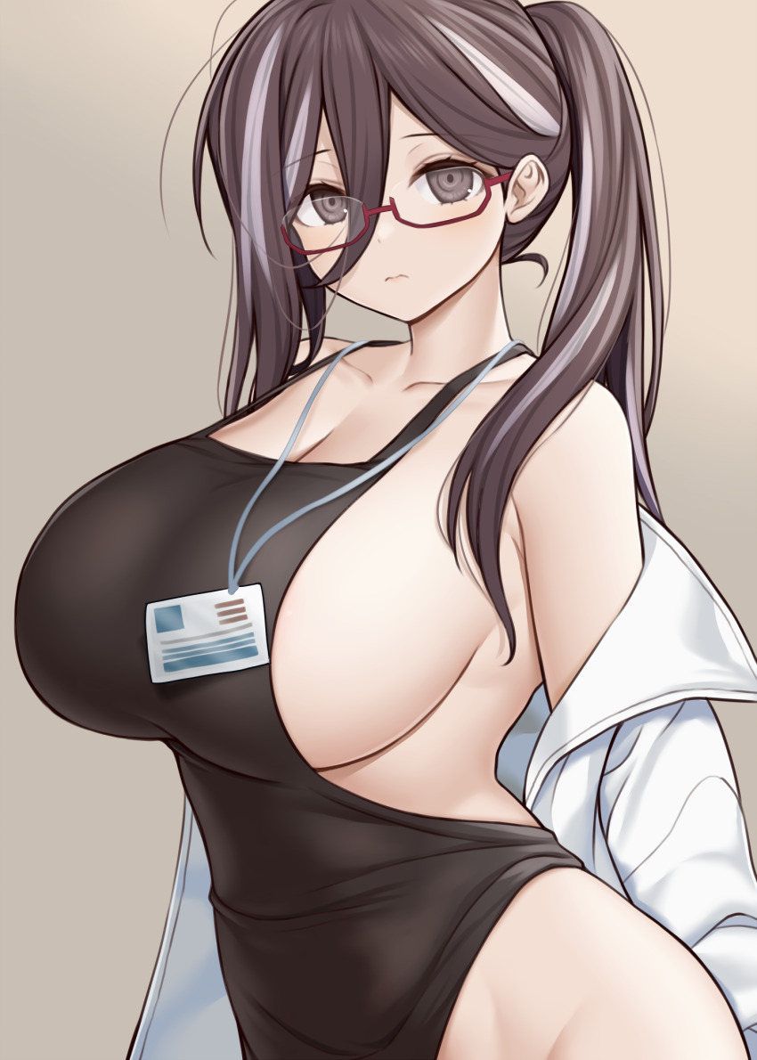 1girl, alternate_breast_size_(larger), asamura_hiori, azur_lane, breasts, brown_eyes, brown_hair, camisole, cleavage, dr._anzeel_(azur_lane), glasses, highres, huge_breasts, id_card, lab_coat, looking_at_viewer, multicolored_hair, no_bra, sideboob, solo, streaked_hair, white_hair
