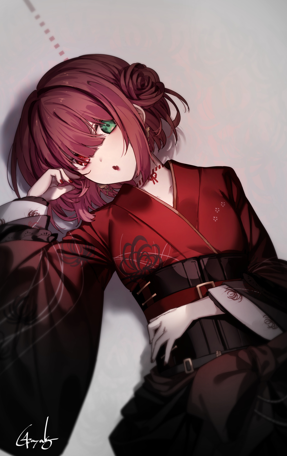 1girl, akabane_youko, akabane_youko_(5th_costume), belt, cut-here_line, double_bun, earrings, fingernails, floral_print, genyaky, green_eyes, hair_bun, hair_over_eyes, hand_up, heterochromia, highres, japanese_clothes, jewelry, kimono, long_sleeves, looking_at_viewer, lying, medium_hair, nail_polish, nijisanji, obi, on_back, pale_skin, red_belt, red_eyes, red_hair, red_kimono, red_nails, sash, signature, solo, spider_lily_print, upper_body, virtual_youtuber, wide_sleeves