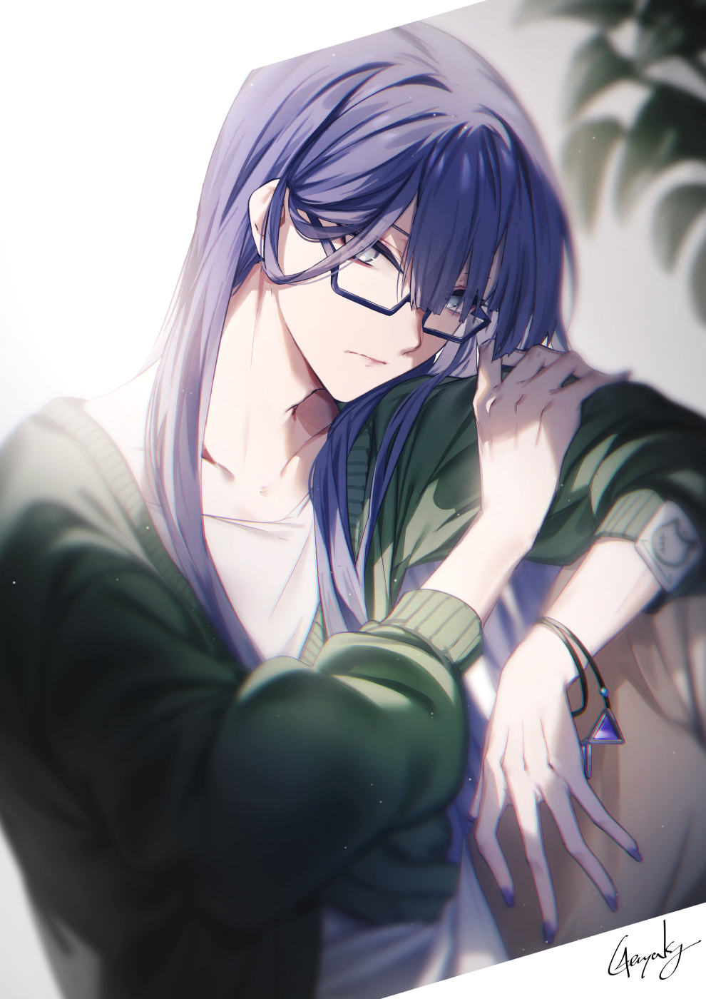 1boy, androgynous, blue_eyes, blue_hair, blue_nails, bracelet, closed_mouth, fingernails
