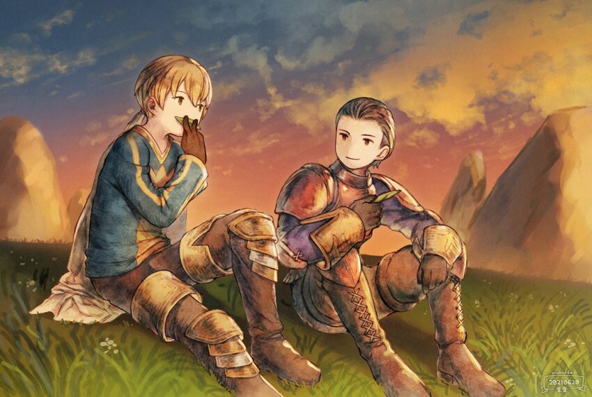 2boys, armor, blonde_hair, brown_hair, cape, closed_mouth, cloud, cotelier