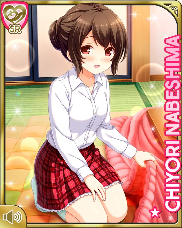 1girl, brown_hair, card, character_name, day, girlfriend_(kari), hair_bun, indoors
