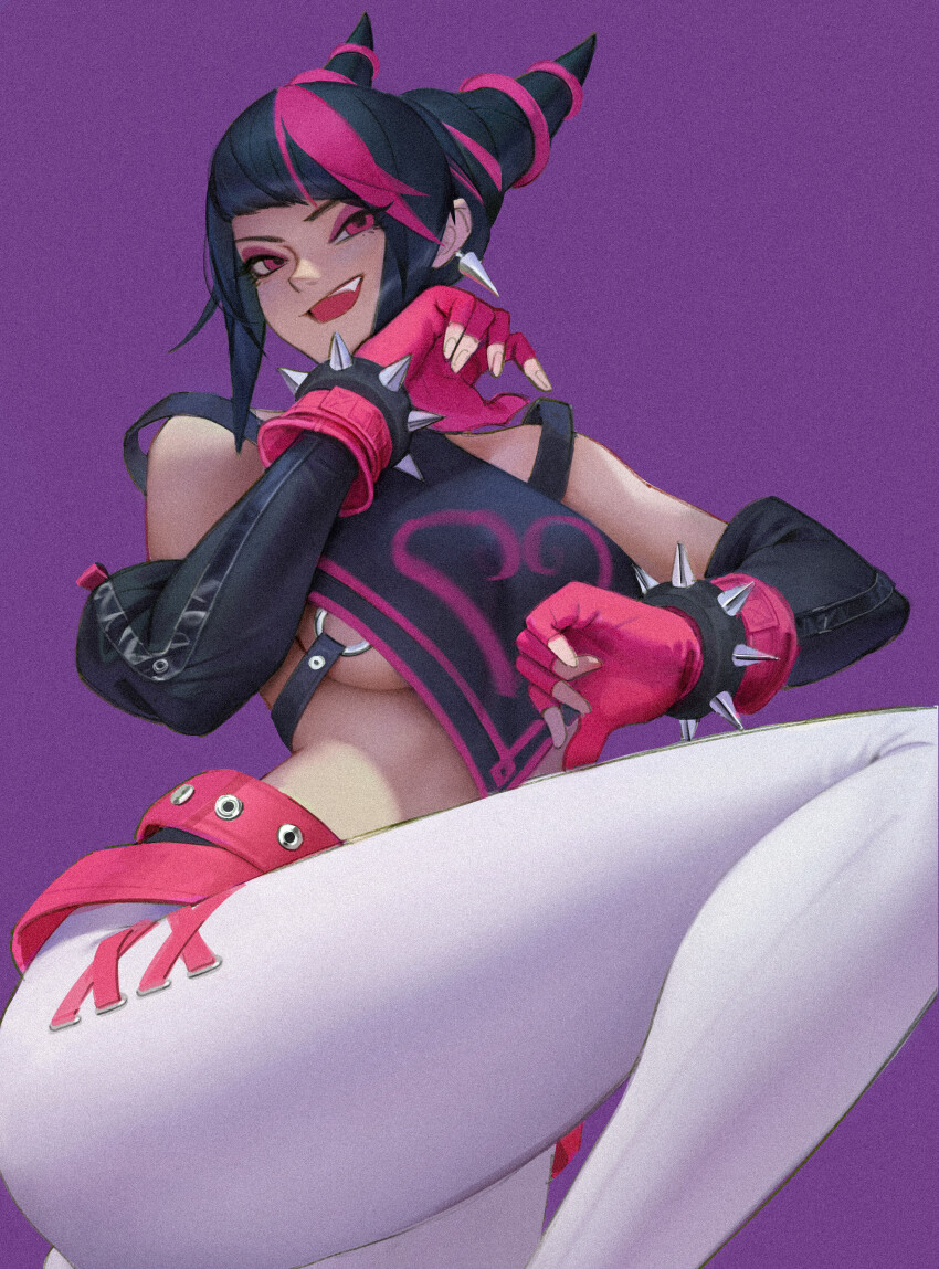 1girl, absurdres, black_hair, bracelet, earrings, ga_is, gloves, han_juri, highres, jewelry, multicolored_hair, open_mouth, pants, pink_eyes, pink_gloves, pink_hair, purple_background, simple_background, spiked_bracelet, spikes, street_fighter, white_pants