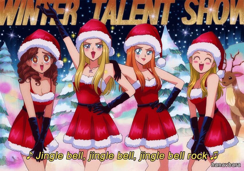 +_+, 1990s_(style), 4girls, antlers, black_gloves, blonde_hair, blue_eyes, blush, brown_eyes, cady_heron, closed_eyes, english_text, gloves, gretchen_wieners, hanavbara, hat, horns, jewelry, karen_smith, lipstick, makeup, mean_girls, multiple_girls, necklace, red_hair, regina_george, reindeer, reindeer_antlers, retro_artstyle, santa_costume, santa_hat, sky, snow, star_(sky), starry_sky, tree