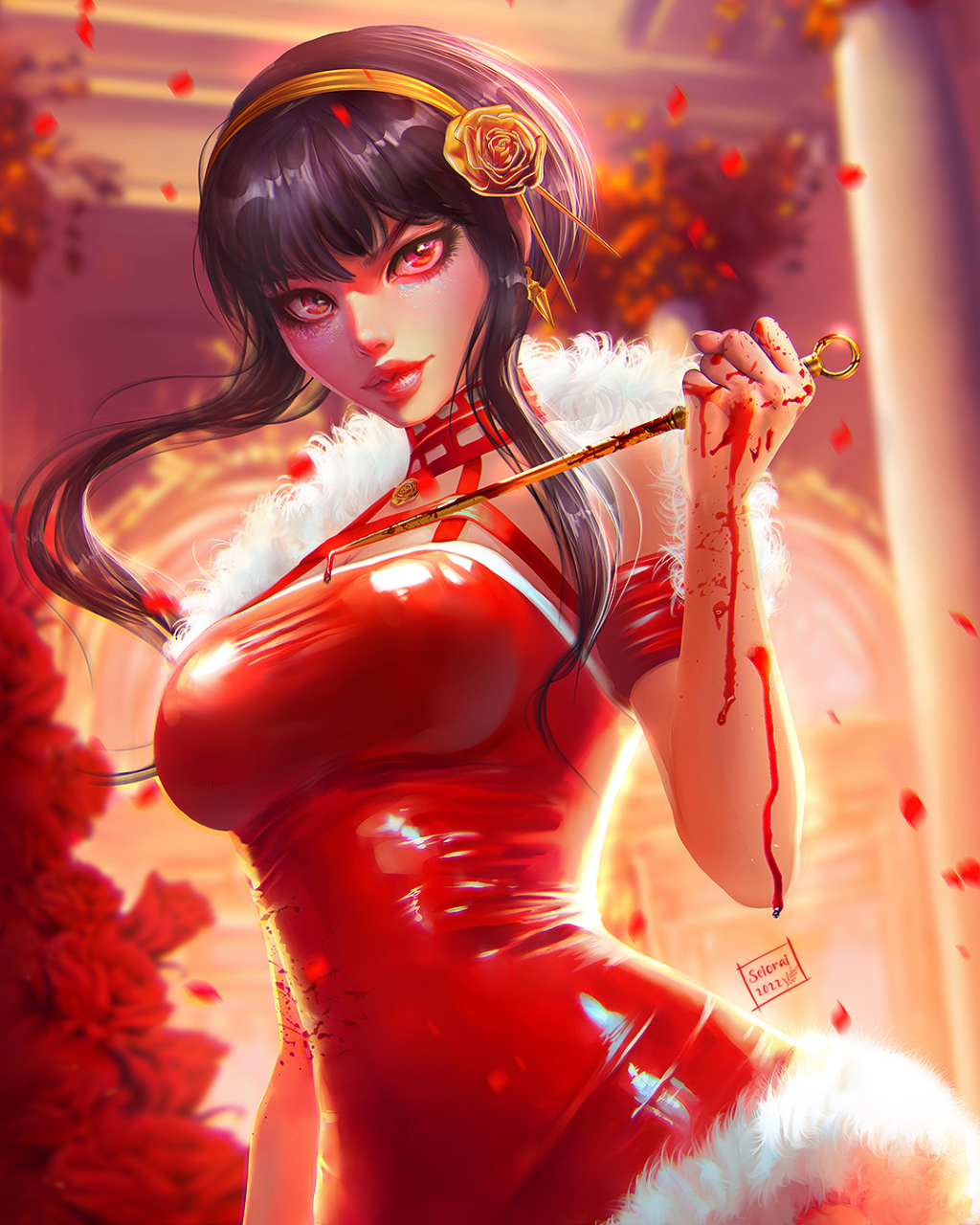 1girl, bare_shoulders, black_hair, blood, breasts, commentary, covered_navel, dagger, dress, english_commentary, flower, hair_flower, hair_ornament, hairband, highres, holding, holding_dagger, holding_knife, holding_weapon, indoors, knife, large_breasts, lips, lipstick, looking_at_viewer, makeup, medium_hair, red_dress, red_eyes, red_flower, red_lips, red_rose, rose, santa_costume, santa_dress, seiorai, sidelocks, skin_tight, solo, spy_x_family, upper_body, weapon, yor_briar