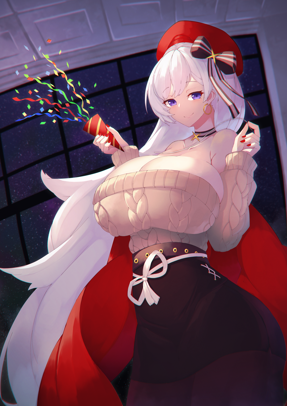 1girl, alternate_breast_size_(larger), aran_sweater, azur_lane, belfast_(azur_lane), belfast_(shopping_with_the_head_maid)_(azur_lane), beret, black_skirt