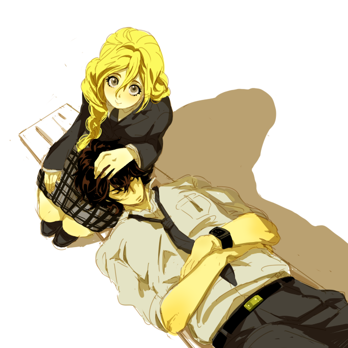 00s, 1boy, 1girl, aroi_(euza), bad_anatomy, bad_hands, bad_id, bad_pixiv_id, blazer, blonde_hair, blush, broad_shoulders, couple, eyelashes, eyeshield_21, from_above, hetero, jacket, koizumi_karin, lap_pillow, looking_up, necktie, open_collar, school_uniform, simple_background, sleeping, watch, wristwatch, yamato_takeru_(es21)
