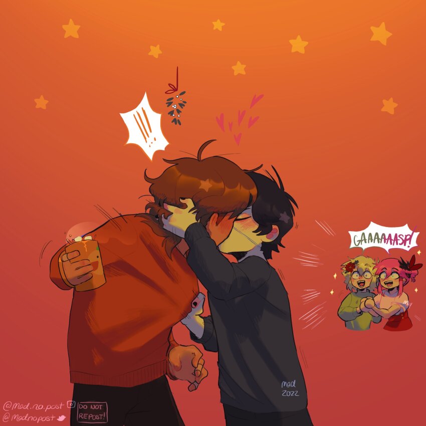 !, !!, 1girl, 3boys, aubrey_(faraway)_(omori), aubrey_(omori), basil_(faraway)_(omori), basil_(omori), bishounen, black_hair, black_nails, blonde_hair, brown_hair, character_request, check_character, christmas, collared_shirt, colored_skin, commentary, cowboy_shot, cup, dark-skinned_male, dark_skin, english_commentary, excited, multiple_expressions, flower, french_kiss, gloves, green_sweater_vest, heart, highres, holding, holding_cup, kel_(faraway)_(omori), kel_(omori), kiss, looking_at_another, madnopost, mistletoe, multiple_boys, omori, open_mouth, shirt, simple_background, speech_bubble, star_(symbol), star_symbol_background, steam, sunny_(omori), surprise_kiss, surprised, sweater, sweater_vest, teeth, yaoi