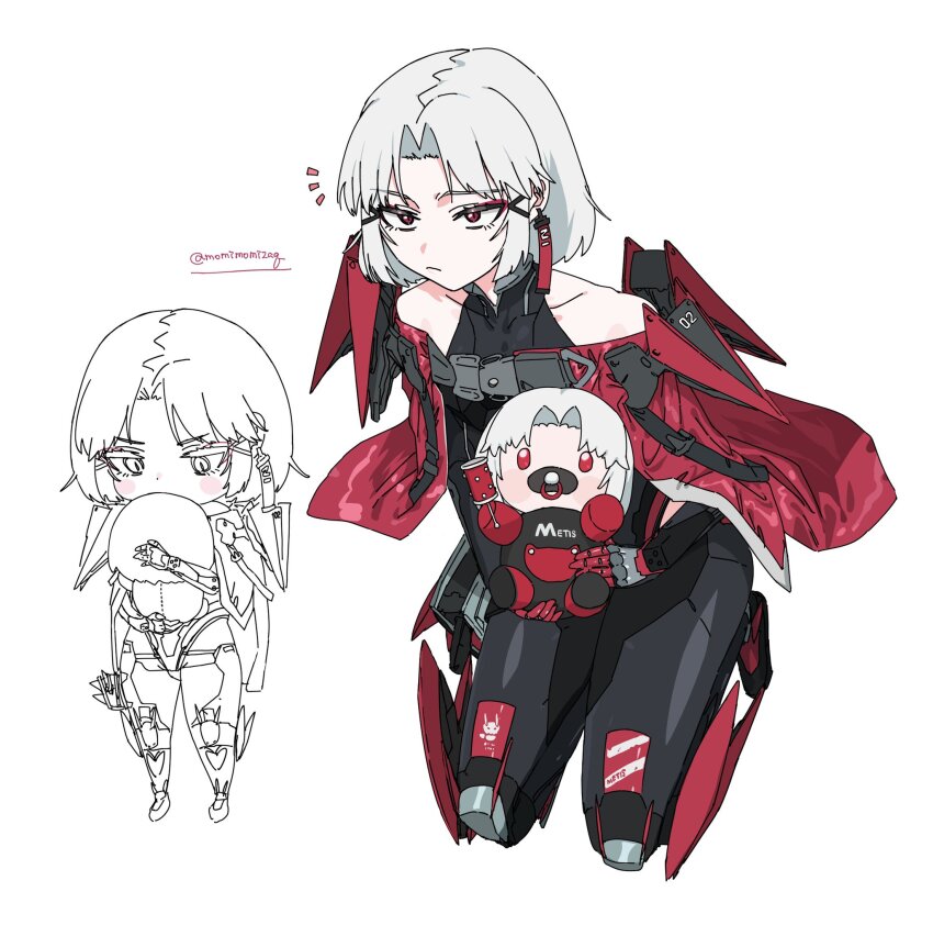 1girl, armor, black_leotard, black_pants, character_doll, chibi, closed_mouth, commentary_request