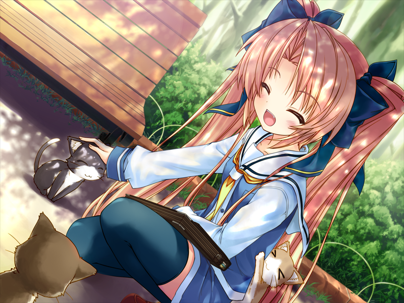 1girl, :d, animal, bag, bench, blonde_hair, blush, bush, cat, closed_eyes, dutch_angle, fang, female_focus, flat_chest, game_cg, hair_ribbon, happy, haramiko, headpat, long_hair, long_sleeves, miyashiro_iori, necktie, okuma_masami, open_mouth, outdoors, park, petting, ribbon, school_bag, school_uniform, selen_soft, shade, smile, solo, squatting, teeth, thighhighs, twintails, upper_teeth_only, zettai_ryouiki