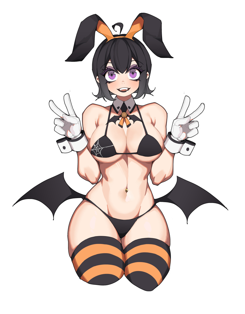 1girl, absurdres, ahoge, alternate_breast_size, alternate_costume, animal_ears, bat_wings, bikini, black_bikini, black_hair, black_lips, black_wings, breasts, colored_eyelashes, cowboy_shot, detached_collar, double_v, eyeshadow, fake_animal_ears, fangs, female_focus, gloves, groin, hairband, hands_up, hanenosaki, happy, highres, hotel_transylvania, large_breasts, lipstick, looking_at_viewer, low_wings, makeup, mavis_dracula, navel, navel_piercing, nontraditional_playboy_bunny, open_mouth, orange_hairband, orange_thighhighs, piercing, purple_eyes, purple_eyeshadow, rabbit_ears, short_hair, sidelocks, simple_background, skindentation, smile, solo, standing, stomach, string_bikini, striped_clothes, striped_thighhighs, swimsuit, teeth, thick_thighs, thighhighs, thighs, underboob, v, white_background, white_gloves, wide_hips, wings
