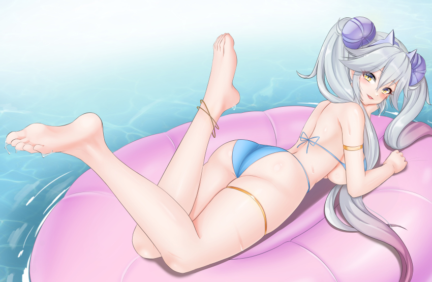 1girl, absurdres, ass, b_grade, barefoot, blush, breasts, duel_monster, from_behind, full_body, hair_ornament, highres, inflatable_raft, large_breasts, leg_up, long_hair, looking_at_viewer, lying, marincess_aqua_argonaut, on_stomach, shell, shell_hair_ornament, smile, solo, swimsuit, twintails, very_long_hair, water, wet, white_hair, yellow_eyes, yu-gi-oh!