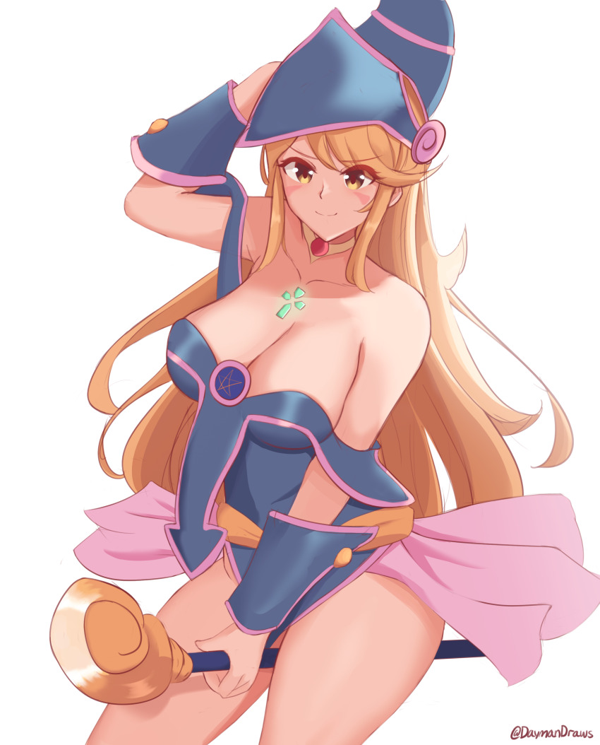 1girl, absurdres, alternate_costume, bare_shoulders, black_magician_girl_(cosplay), blonde_hair, blush, breasts, broom, cleavage, cleavage_cutout, clothing_cutout, cosplay, dark_magician_girl, dark_magician_girl_(cosplay), dayman, elbow_gloves, gem, gloves, hair_ornament, hat, headpiece, highres, holding, holding_weapon, jewelry, large_breasts, long_hair, looking_at_viewer, mythra_(xenoblade), ribbon, smile, solo, thighs, top_hat, upper_body, very_long_hair, weapon, xenoblade_chronicles_(series), xenoblade_chronicles_2, yellow_eyes, yu-gi-oh!