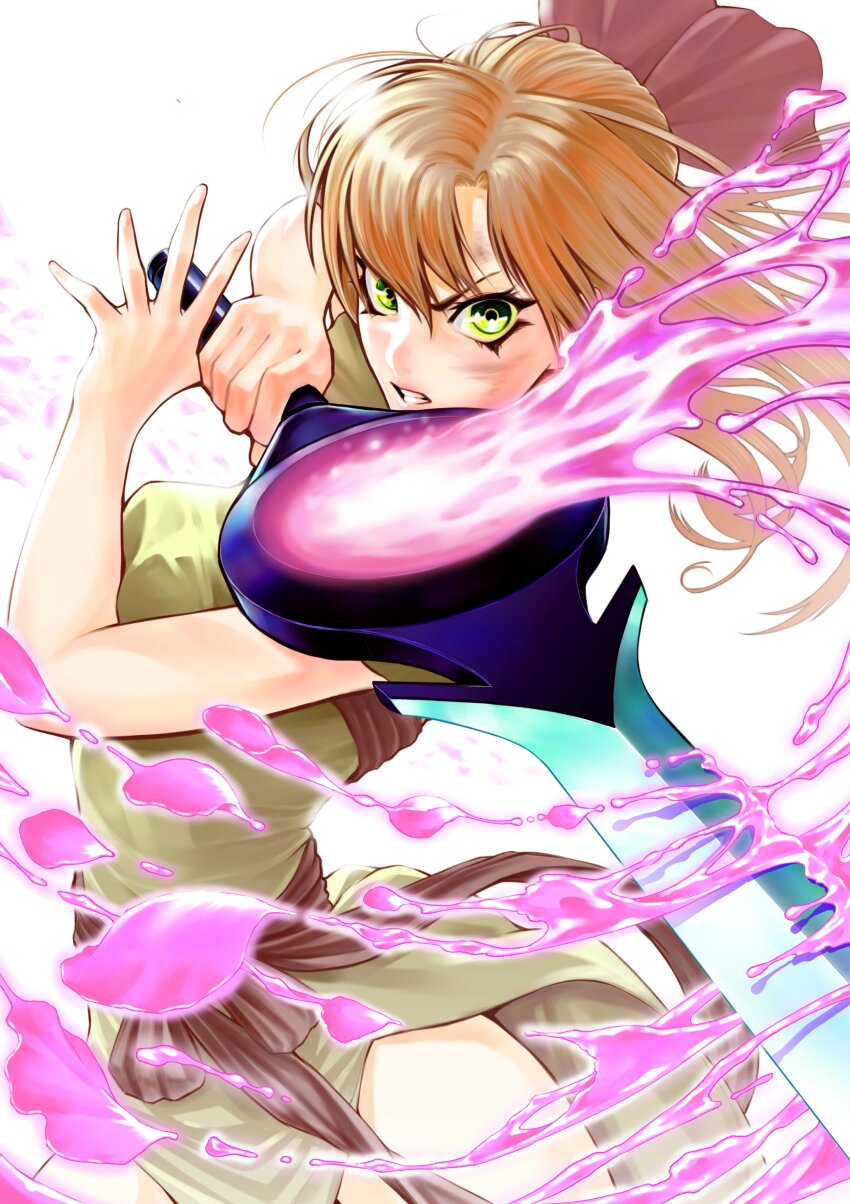 1girl, absurdres, aura, bow, brown_hair, clenched_teeth, cover, cover_page