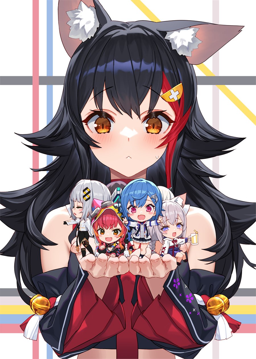 5girls, animal_ear_fluff, animal_ears, beer_mug, black_hair, black_shirt, black_sleeves, blue_eyes, blue_hair, blush, closed_eyes, closed_mouth, cropped_shirt, cup, detached_sleeves, grey_hair, hachi_(live_union), hair_ornament, hairclip, highres, hololive, indie_virtual_youtuber, izumi_sai, live_union, long_hair, long_sleeves, looking_at_viewer, mug, multicolored_hair, multiple_girls, necktie, nekota_tsuna, nijisanji, nishizono_chigusa, nishizono_chigusa_(1st_costume), ookami_mio, ookami_mio_(1st_costume), open_mouth, paw_pose, purple_eyes, red_hair, red_necktie, shirt, shoufuku_nyako, sidelocks, sitting, sleeveless, sleeveless_shirt, standing, standing_on_one_leg, streaked_hair, upper_body, virtual_youtuber, vspo!, wolf_ears, wolf_girl, yellow_eyes
