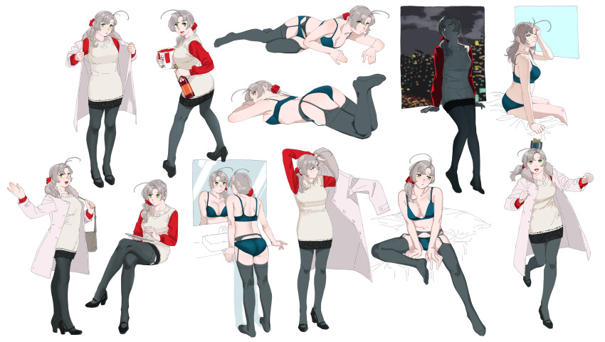 1girl, absurdres, alternate_costume, ass, black_footwear, black_thighhighs, blue_bra, blue_panties, bottle, bra, breasts, coat, commentary, cropped_legs, dress, full_body, garter_belt, garter_straps, gift, green_eyes, grey_hair, grey_thighhighs, hair_ornament, hair_scrunchie, highres, holding, holding_bottle, kantai_collection, kfc, kinugasa_(kancolle), kinugasa_kai_ni_(christmas)_(kancolle), kinugasa_kai_ni_(kancolle), kinugasa_kai_ni_(winter)_(kancolle), looking_at_viewer, lying, medium_breasts, multiple_views, night, object_on_head, ojipon, on_stomach, one_side_up, panties, scrunchie, simple_background, sitting, standing, thighhighs, two-tone_dress, underwear, underwear_only, white_background, white_coat, white_dress