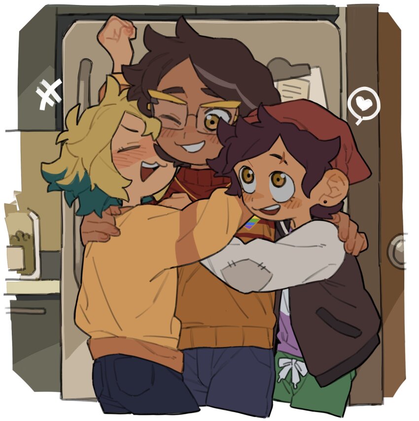 3girls, :3, beanie, brown_hair, camila_noceda, cropped_legs, dark-skinned_female, dark_skin, dayama, eyebrow_cut, family_bonding, glasses, green_hair, group_hug, hat, heart, highres, hug, jacket, letterman_jacket, looking_at_another, luz_noceda, mother_and_child, mother_and_daughter, multicolored_hair, multiple_girls, parent_and_child, refrigerator, scar, short_hair, spoken_heart, streaked_hair, sweater, the_owl_house, two-tone_hair, vee_(the_owl_house)