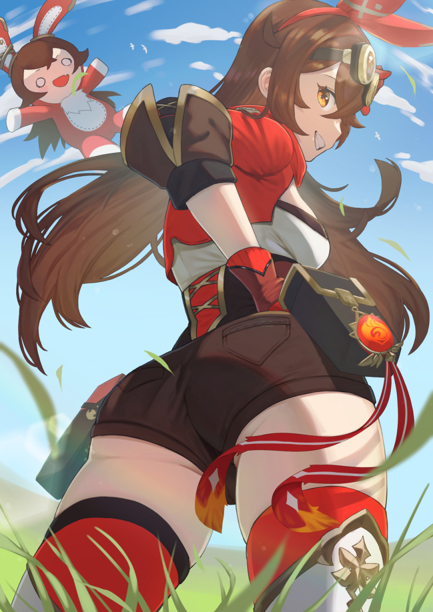 2girls, amber_(genshin_impact), ass, baron_bunny_(genshin_impact), blue_sky, brown_hair, eigun801, from_behind, from_below, genshin_impact, gloves, goggles, goggles_on_head, grass, hair_ribbon, hand_on_own_hip, highres, looking_back, multiple_girls, ribbon, short_shorts, shorts, sky, standing, thighhighs, vision_(genshin_impact)