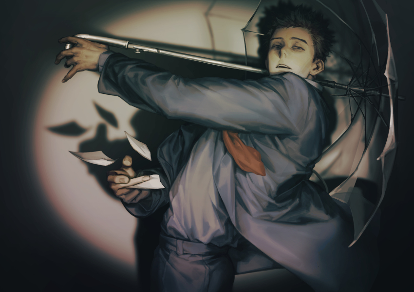 1boy, absurdres, black_eyes, black_hair, black_jacket, black_pants, black_suit, chino1048, cowboy_shot, formal_clothes, highres, holding, holding_paper, jacket, long_sleeves, looking_at_viewer, male_focus, mob_psycho_100, necktie, open_mouth, pants, paper, red_necktie, serizawa_katsuya, shirt, short_hair, solo, spotlight, standing, suit, umbrella, white_shirt