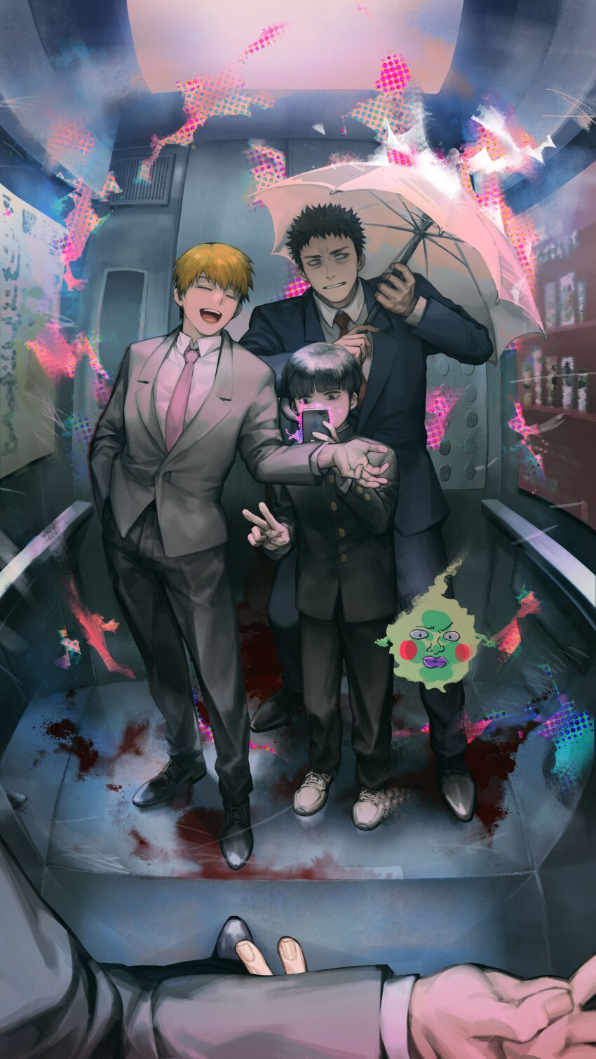 3boys, ^_^, absurdres, black_eyes, black_footwear, black_hair, black_jacket, black_pants, blood, blood_splatter, blue_jacket, blue_pants, blue_suit, buttoned_cuffs, buttons, cellphone, chino1048, closed_eyes, collared_shirt, ekubo_(mob_psycho_100), formal_clothes, full_body, gakuran, ghost, grey_jacket, grey_pants, grey_suit, hand_in_pocket, highres, holding, holding_phone, holding_umbrella, indoors, jacket, kageyama_shigeo, looking_away, mirror, mob_psycho_100, multiple_boys, necktie, open_mouth, orange_hair, pants, phone, pink_necktie, red_necktie, reigen_arataka, school_uniform, serizawa_katsuya, shirt, shoes, short_hair, smile, suit, taking_picture, umbrella, v, white_shirt