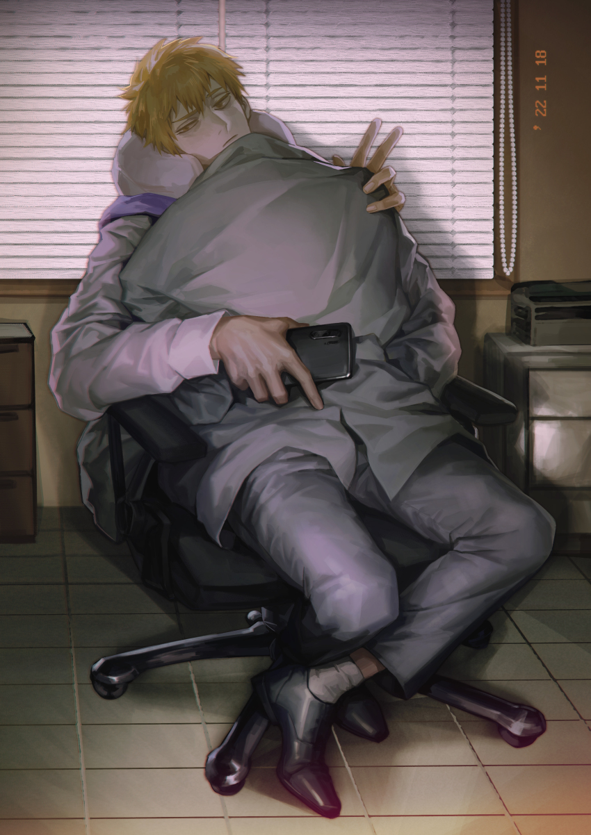 1boy, absurdres, black_shoes, blue_necktie, cellphone, chair, chino1048, closed_mouth