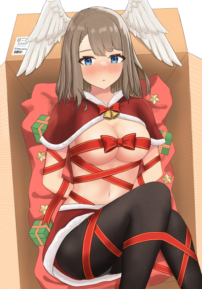 1girl, bell, black_pantyhose, blue_eyes, blush, box, breasts, brown_hair