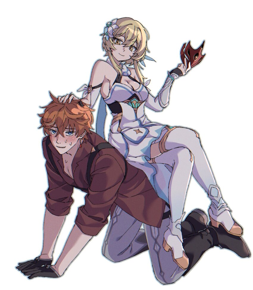 1boy, 1girl, all_fours, black_footwear, blonde_hair, blue_eyes, blush, boots, breasts, cleavage, commentary, crossed_legs, dress, earrings, english_commentary, flower, genshin_impact, gloves, hair_between_eyes, hair_flower, hair_ornament, hand_on_another's_head, highres, holding, holding_mask, jewelry, kiwiteamlp, lumine_(genshin_impact), mask, medium_breasts, orange_hair, pants, photo-referenced, red_gloves, red_mask, simple_background, single_earring, sitting, sitting_on_person, sweat, tartaglia_(genshin_impact), thigh_boots, white_background, white_dress, white_flower, white_footwear
