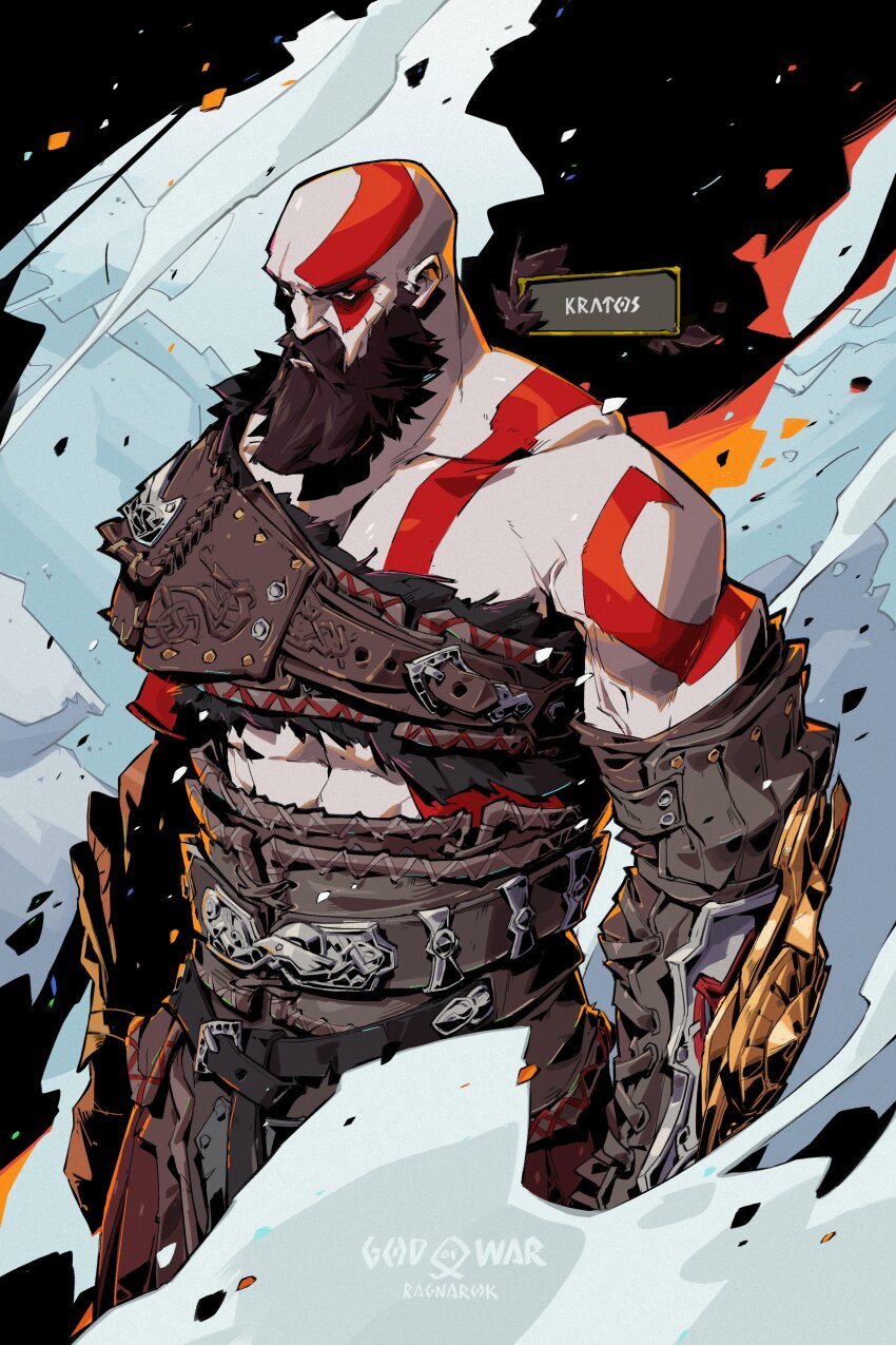 1boy, absurdres, armor, bald, beard, belt, character_name, copyright_name, elbow_gloves, facial_hair, facial_tattoo, gloves, god_of_war, hades_(series), highres, kratos_(god_of_war), leather, looking_ahead, muscular, muscular_male, mustache, patrick_ganas, shoulder_tattoo, single_bare_shoulder, tattoo, thick_mustache, topless_male