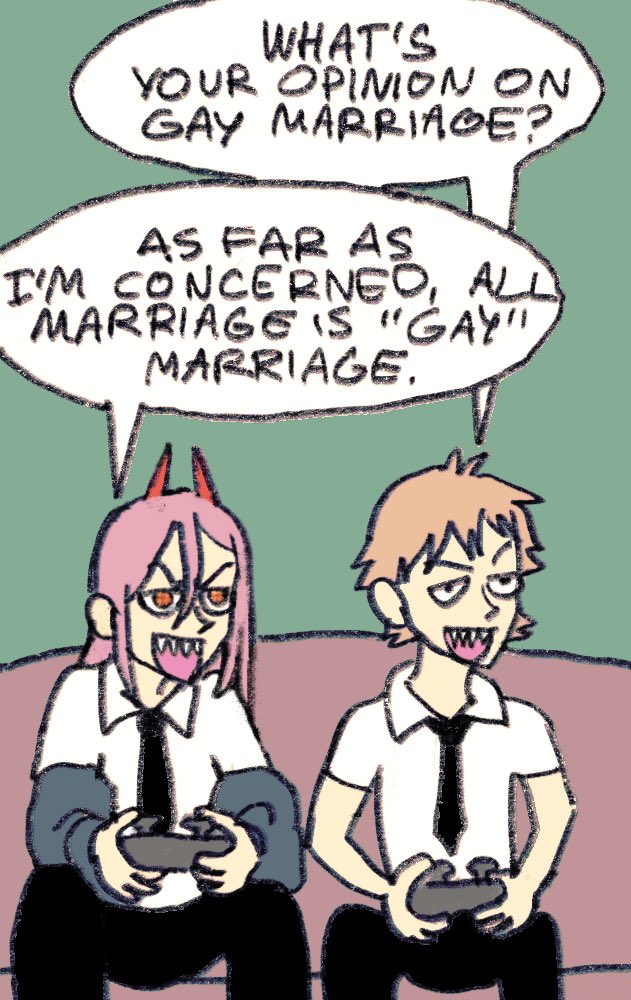 1boy, 1girl, black_necktie, black_pants, blonde_hair, chainsaw_man, controller, couch, demon_girl, demon_horns, denji_(chainsaw_man), english_text, game_controller, horns, meme, necktie, on_couch, pants, parody, pink_hair, powerup_comics, red_eyes, sharp_teeth, shirt, speech_bubble, style_parody, teeth, tunneisnakes, white_shirt