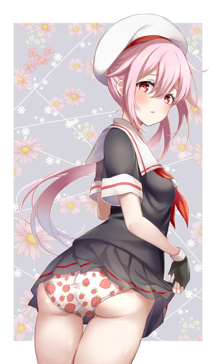 ass, beret, black_serafuku, black_skirt, clothes_lift, cowboy_shot, fingerless_gloves, floral_background