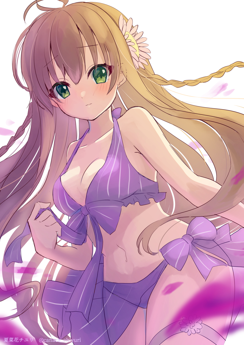1girl, absurdres, bikini, brown_hair, canaca_chiyuri, flower, flower_on_head, green_eyes